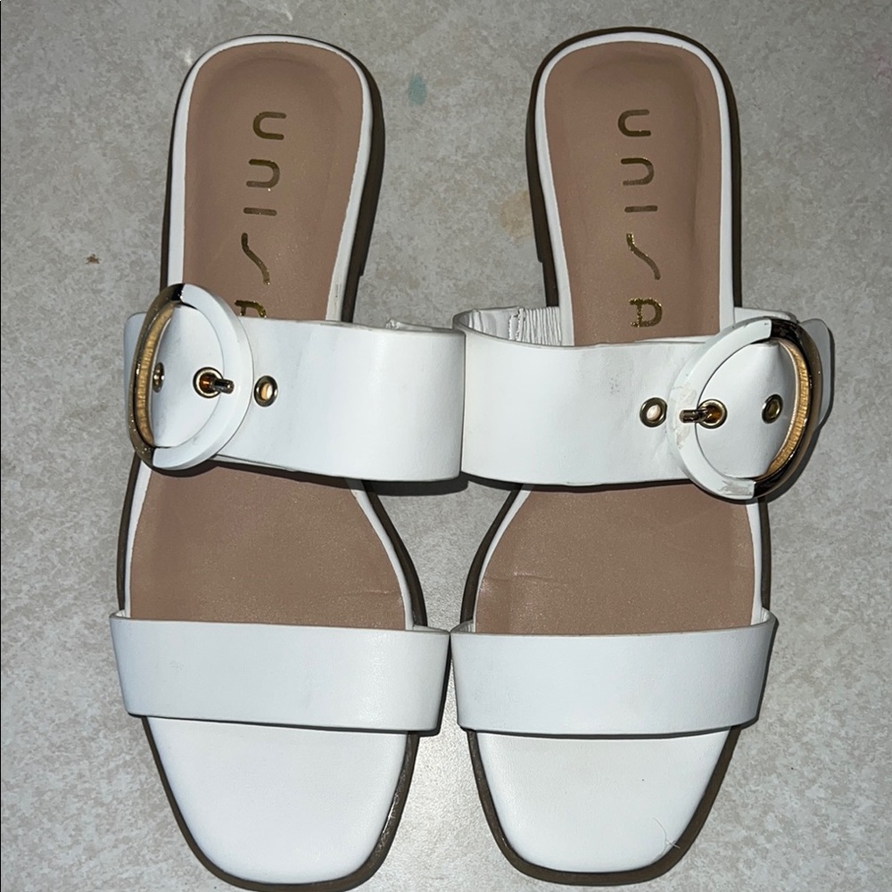 Unisa White Double-Strap Slide Sandals with Gold Buckles